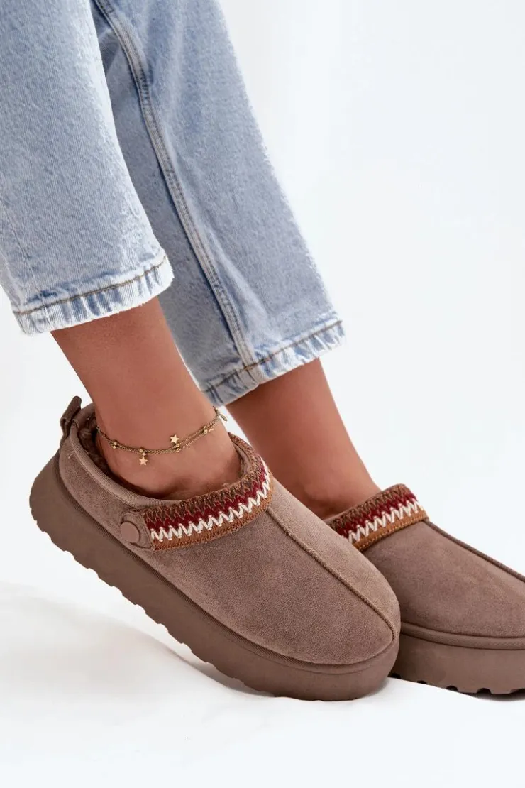 New Boto Śniegowce Damskie Niskie Z Ruchomym Paskiem I Haftem Na Platformie Ciemnobeżowe Lyrisse Beżowy