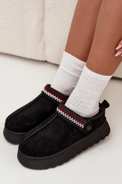 Boto Śniegowce Damskie|Kapcie Klasyczne*Śniegowce Damskie Niskie Z Ruchomym Paskiem I Haftem Na Platformie Czarne Lyrisse