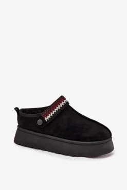 Boto Śniegowce Damskie|Kapcie Klasyczne*Śniegowce Damskie Niskie Z Ruchomym Paskiem I Haftem Na Platformie Czarne Lyrisse