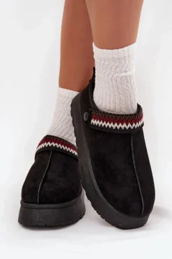 Boto Śniegowce Damskie|Kapcie Klasyczne*Śniegowce Damskie Niskie Z Ruchomym Paskiem I Haftem Na Platformie Czarne Lyrisse