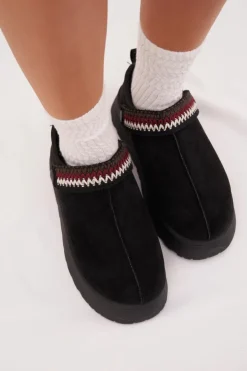 Boto Śniegowce Damskie|Kapcie Klasyczne*Śniegowce Damskie Niskie Z Ruchomym Paskiem I Haftem Na Platformie Czarne Lyrisse