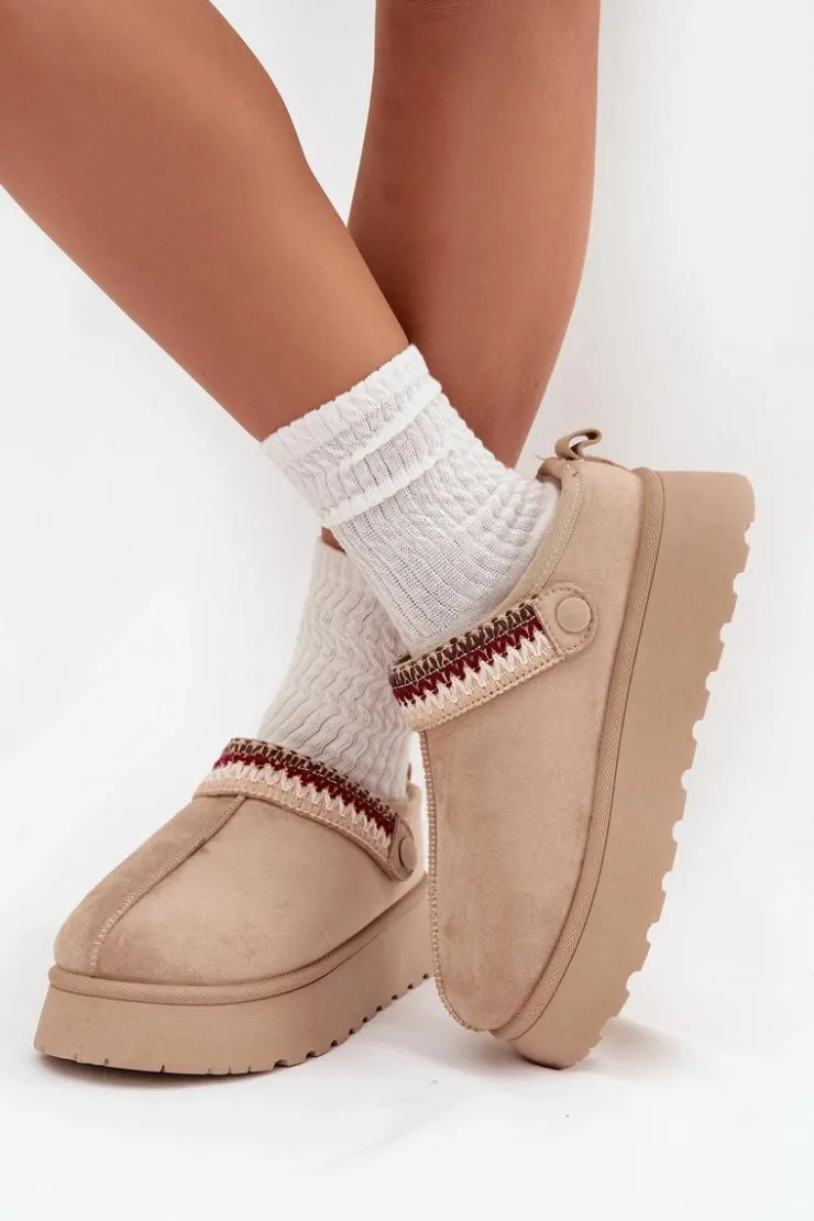 Boto Śniegowce Damskie|Kapcie Klasyczne*Śniegowce Damskie Niskie Z Ruchomym Paskiem I Haftem Na Platformie Jasnobeżowe Lyrisse Beżowy