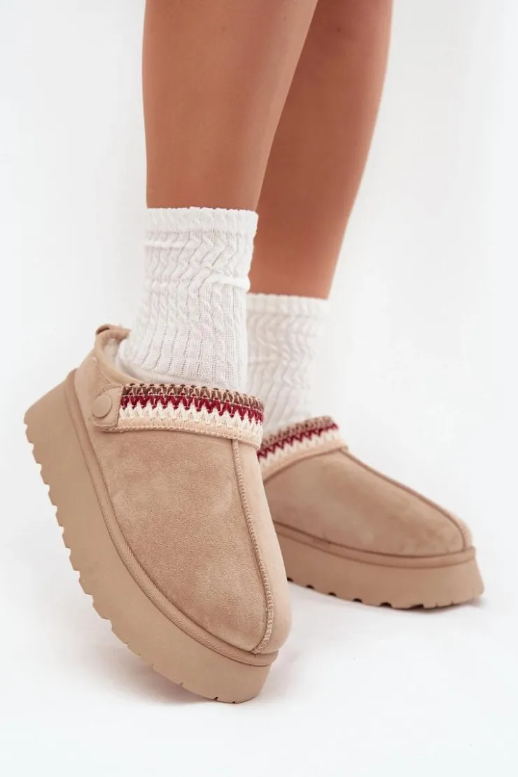 Boto Śniegowce Damskie|Kapcie Klasyczne*Śniegowce Damskie Niskie Z Ruchomym Paskiem I Haftem Na Platformie Jasnobeżowe Lyrisse Beżowy