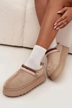 Boto Śniegowce Damskie|Kapcie Klasyczne*Śniegowce Damskie Niskie Z Ruchomym Paskiem I Haftem Na Platformie Jasnobeżowe Lyrisse Beżowy