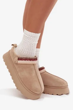 Boto Śniegowce Damskie|Kapcie Klasyczne*Śniegowce Damskie Niskie Z Ruchomym Paskiem I Haftem Na Platformie Jasnobeżowe Lyrisse Beżowy