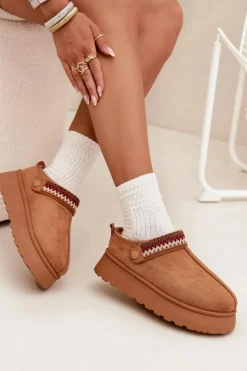 Damskie Boto Śniegowce Damskie Niskie Z Ruchomym Paskiem I Haftem Na Platformie Camel Lyrisse