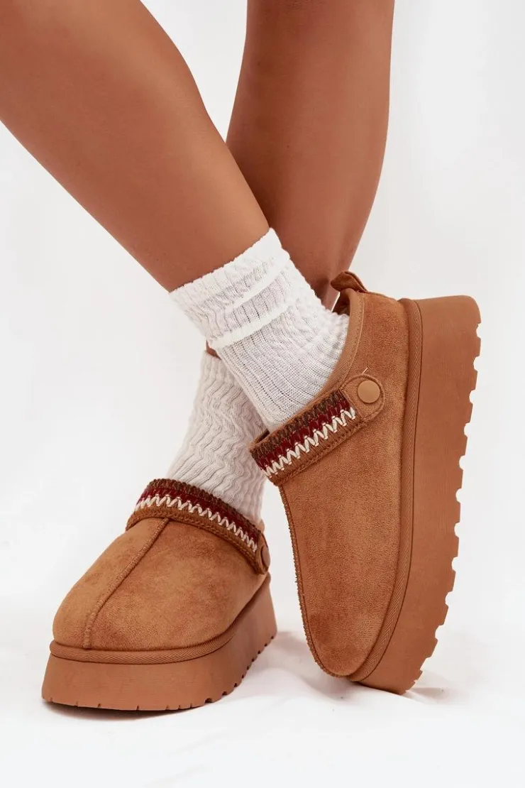 Damskie Boto Śniegowce Damskie Niskie Z Ruchomym Paskiem I Haftem Na Platformie Camel Lyrisse