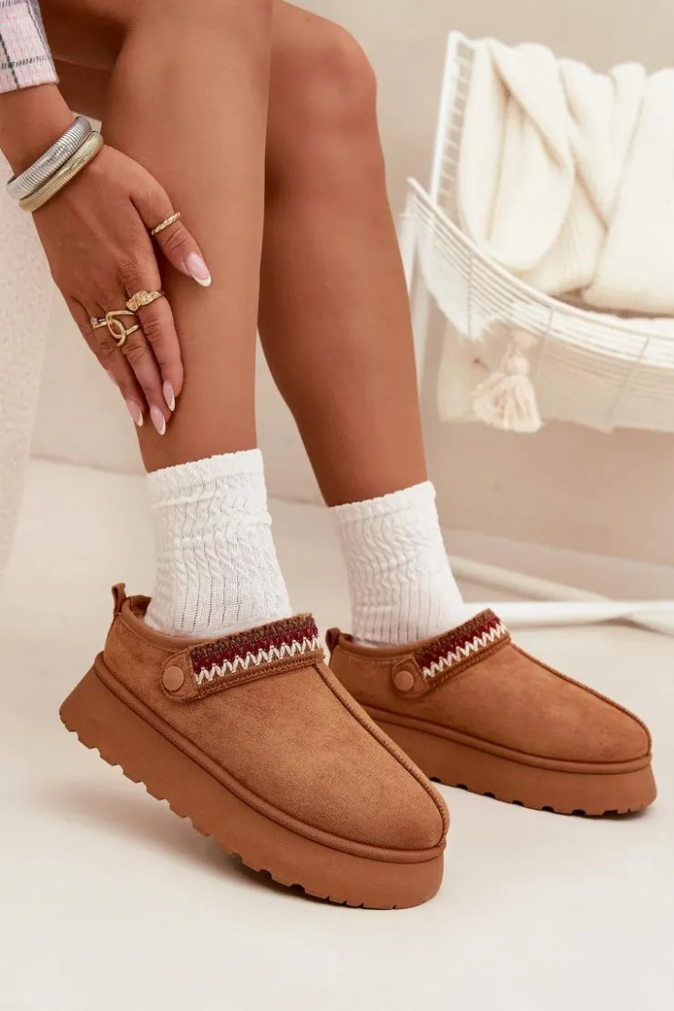 Damskie Boto Śniegowce Damskie Niskie Z Ruchomym Paskiem I Haftem Na Platformie Camel Lyrisse