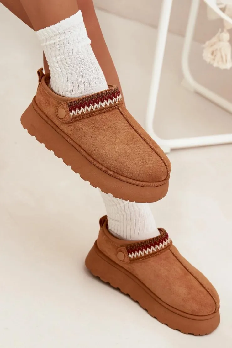 Damskie Boto Śniegowce Damskie Niskie Z Ruchomym Paskiem I Haftem Na Platformie Camel Lyrisse