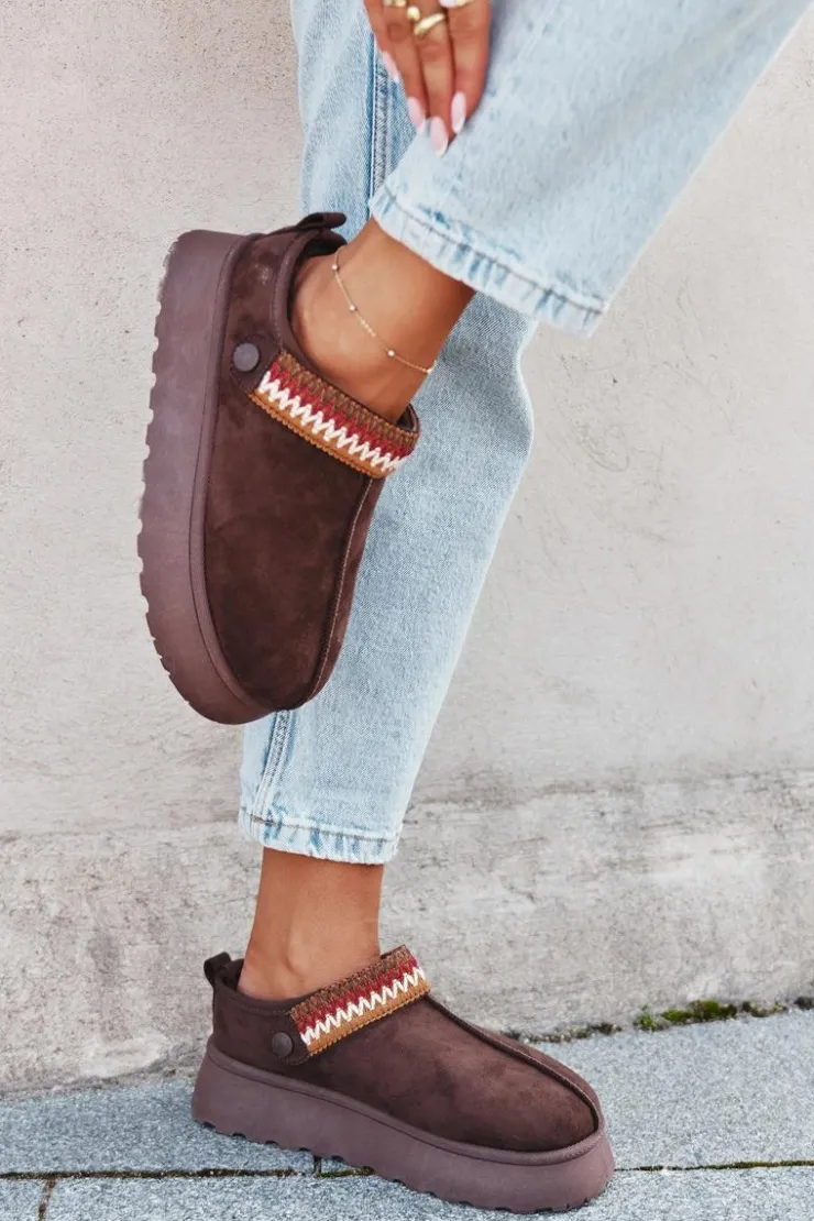 Damskie Boto Śniegowce Damskie Niskie Z Ruchomym Paskiem I Haftem Na Platformie Czekoladowe Lyrisse