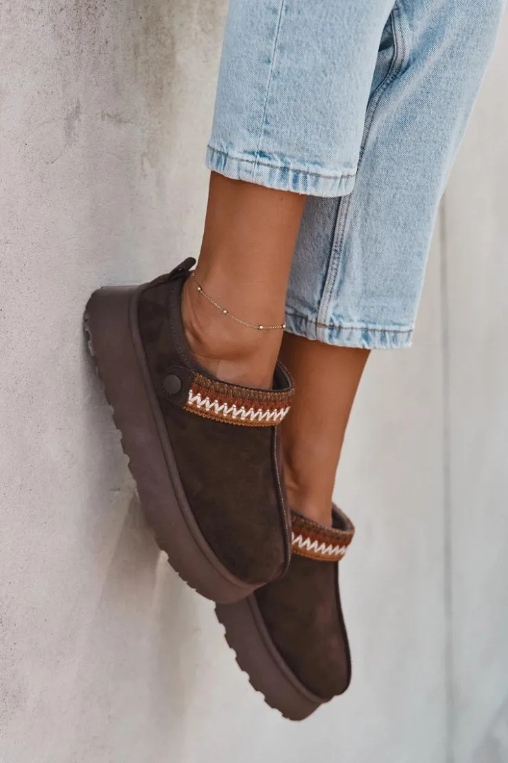 Damskie Boto Śniegowce Damskie Niskie Z Ruchomym Paskiem I Haftem Na Platformie Czekoladowe Lyrisse