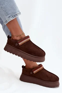 Damskie Boto Śniegowce Damskie Niskie Z Ruchomym Paskiem I Haftem Na Platformie Czekoladowe Lyrisse