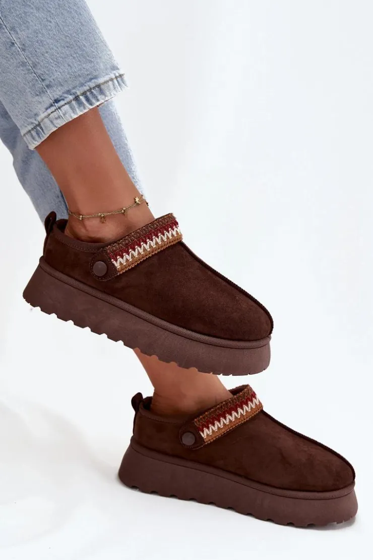 Damskie Boto Śniegowce Damskie Niskie Z Ruchomym Paskiem I Haftem Na Platformie Czekoladowe Lyrisse