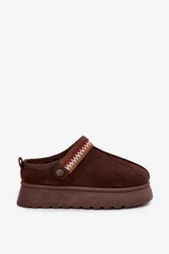 Damskie Boto Śniegowce Damskie Niskie Z Ruchomym Paskiem I Haftem Na Platformie Czekoladowe Lyrisse