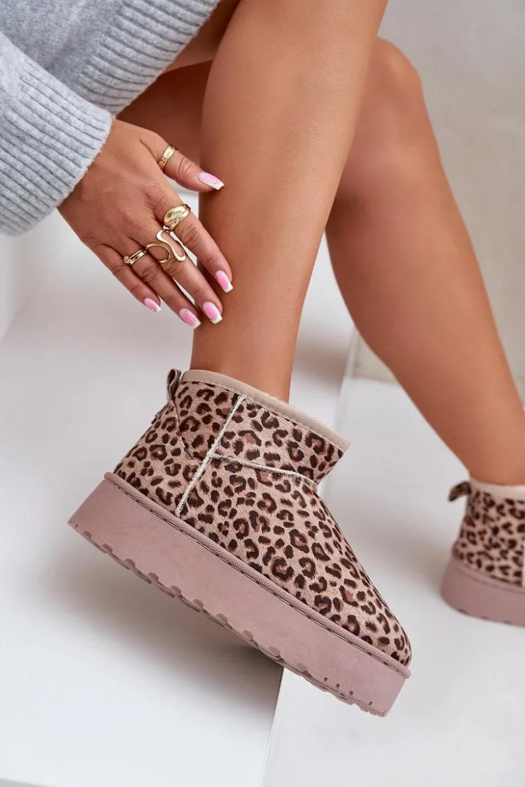 Damskie Boto Śniegowce Damskie W Panterkę Na Platformie Ocieplane Futerkiem Brązowe Xamella