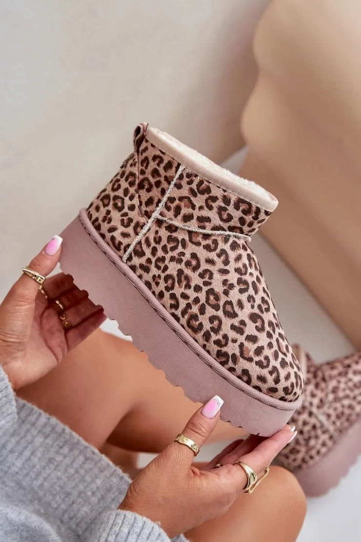 Damskie Boto Śniegowce Damskie W Panterkę Na Platformie Ocieplane Futerkiem Brązowe Xamella