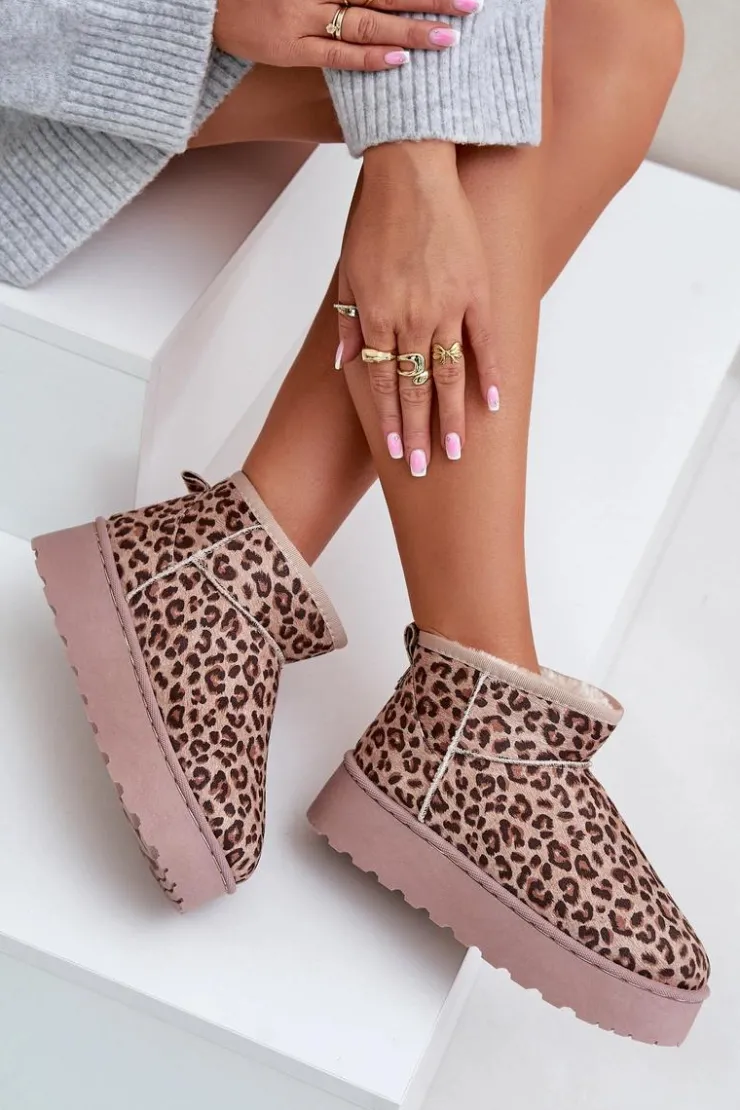 Damskie Boto Śniegowce Damskie W Panterkę Na Platformie Ocieplane Futerkiem Brązowe Xamella