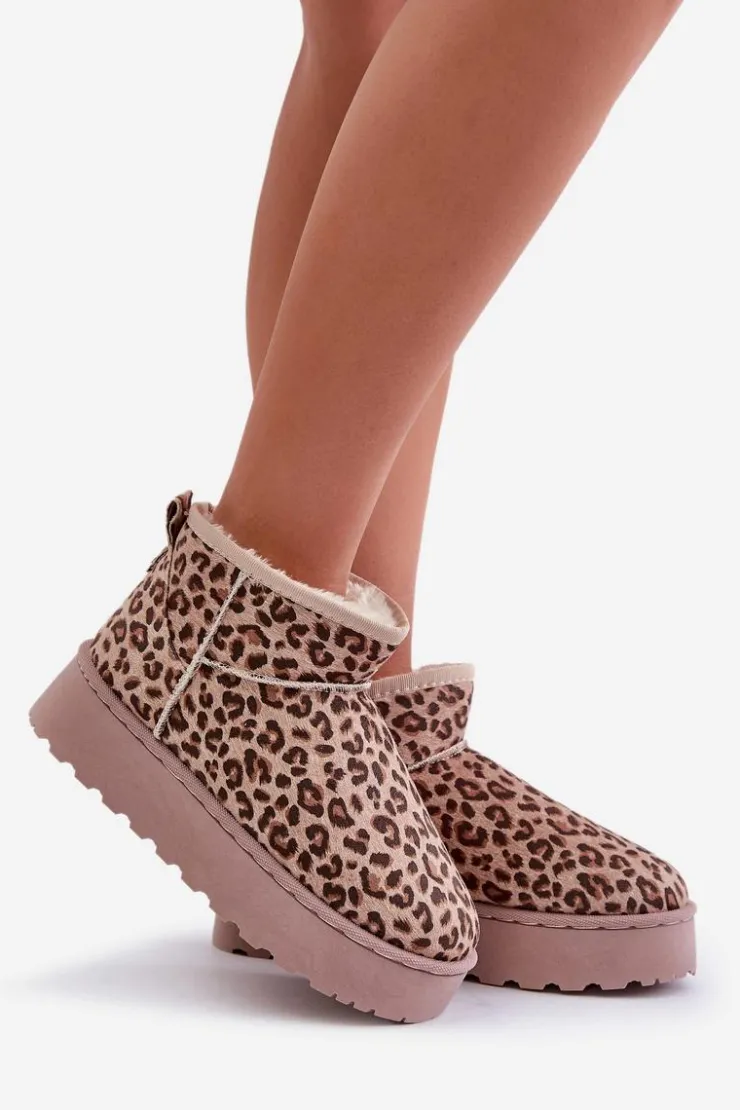 Damskie Boto Śniegowce Damskie W Panterkę Na Platformie Ocieplane Futerkiem Brązowe Xamella
