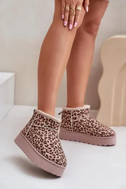 Damskie Boto Śniegowce Damskie W Panterkę Na Platformie Ocieplane Futerkiem Brązowe Xamella