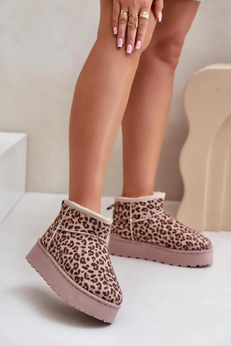 Damskie Boto Śniegowce Damskie W Panterkę Na Platformie Ocieplane Futerkiem Brązowe Xamella