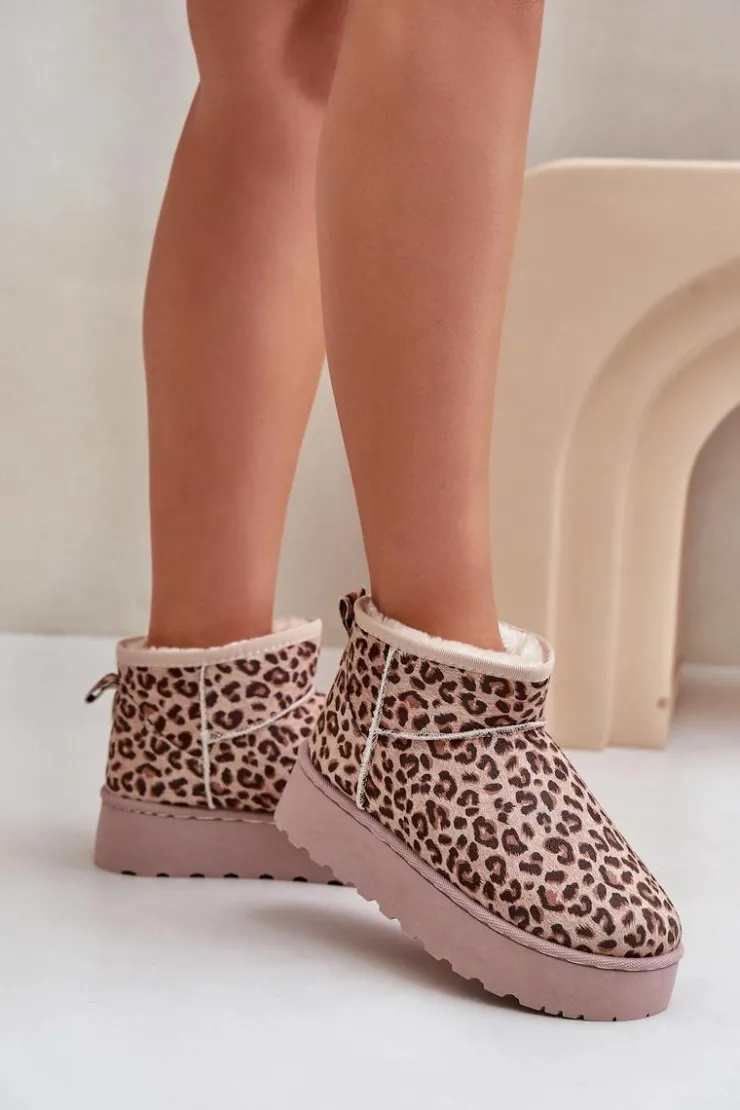 Damskie Boto Śniegowce Damskie W Panterkę Na Platformie Ocieplane Futerkiem Brązowe Xamella