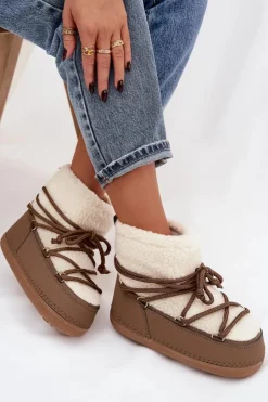 Clearance Boto Śniegowce Damskie Z Futerkiem Typu Baranek Wiązane Ciemnobeżowe Belira Beżowy