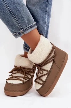 Clearance Boto Śniegowce Damskie Z Futerkiem Typu Baranek Wiązane Ciemnobeżowe Belira Beżowy