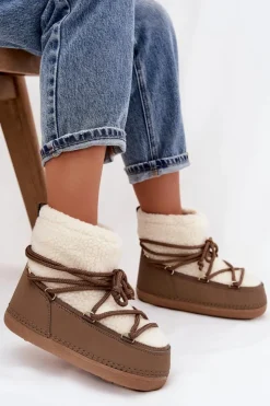 Clearance Boto Śniegowce Damskie Z Futerkiem Typu Baranek Wiązane Ciemnobeżowe Belira Beżowy