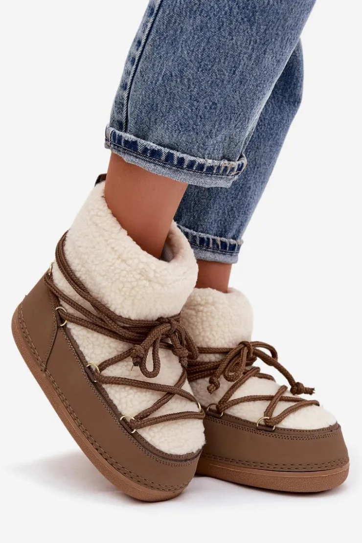 Clearance Boto Śniegowce Damskie Z Futerkiem Typu Baranek Wiązane Ciemnobeżowe Belira Beżowy