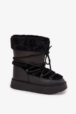 Boto Śniegowce Damskie*Śniegowce Damskie Z Futerkiem I Wiązaniem Na Platformie Czarne Marinna Czarny