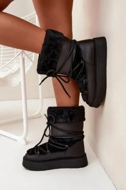 Boto Śniegowce Damskie*Śniegowce Damskie Z Futerkiem I Wiązaniem Na Platformie Czarne Marinna Czarny