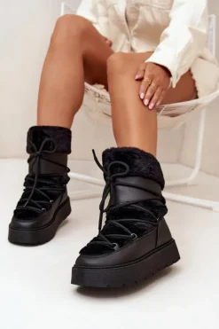 Boto Śniegowce Damskie*Śniegowce Damskie Z Futerkiem I Wiązaniem Na Platformie Czarne Marinna Czarny