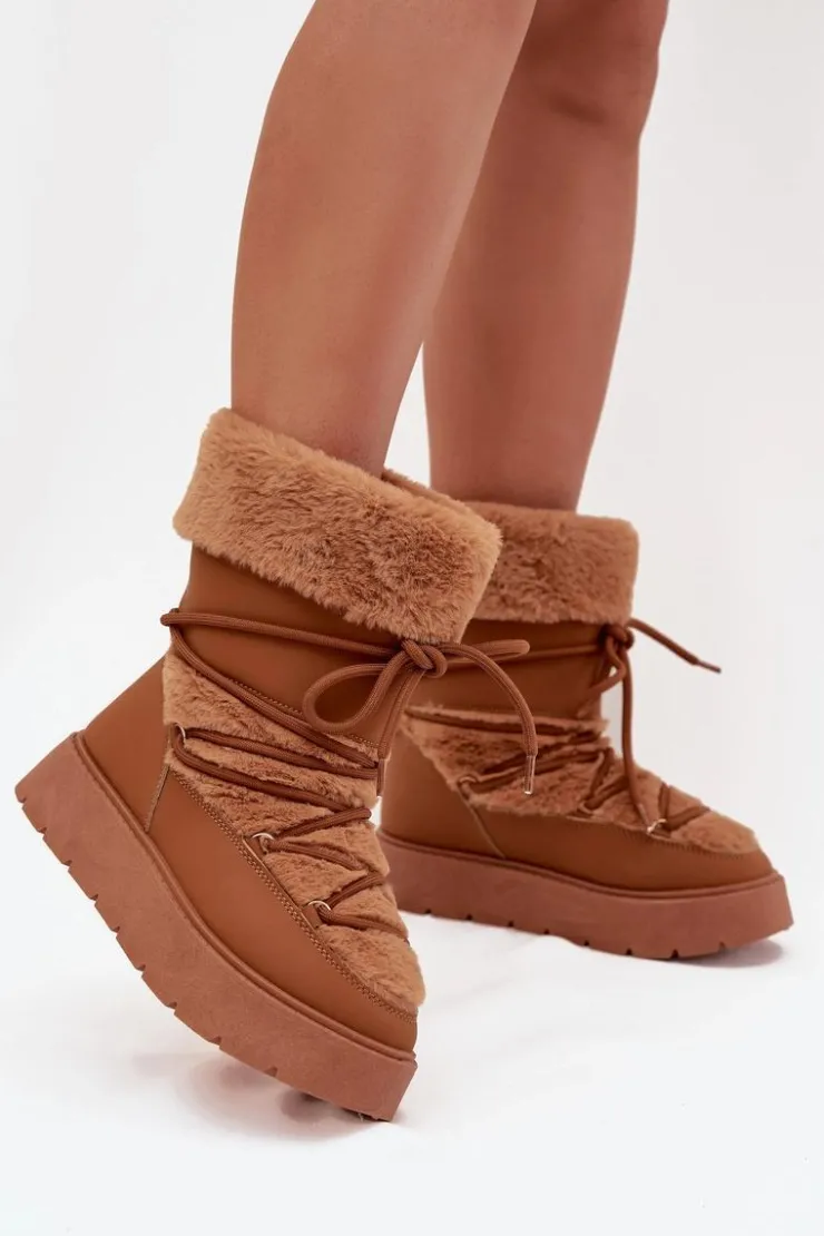 Damskie Boto Śniegowce Damskie Z Futerkiem I Wiązaniem Na Platformie Camel Marinna