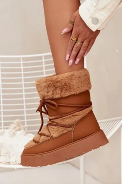 Damskie Boto Śniegowce Damskie Z Futerkiem I Wiązaniem Na Platformie Camel Marinna