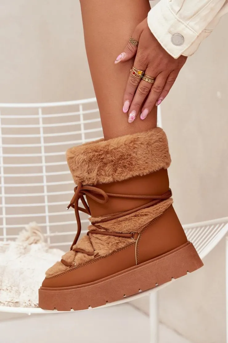Damskie Boto Śniegowce Damskie Z Futerkiem I Wiązaniem Na Platformie Camel Marinna