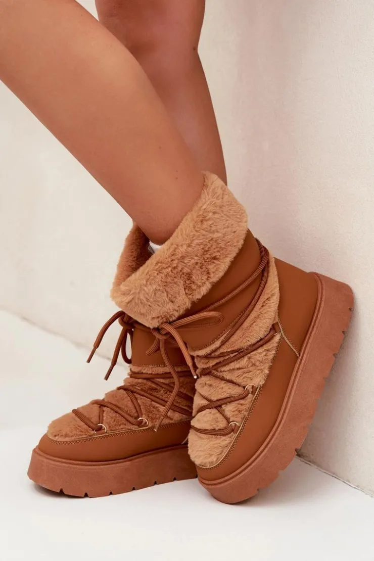 Damskie Boto Śniegowce Damskie Z Futerkiem I Wiązaniem Na Platformie Camel Marinna