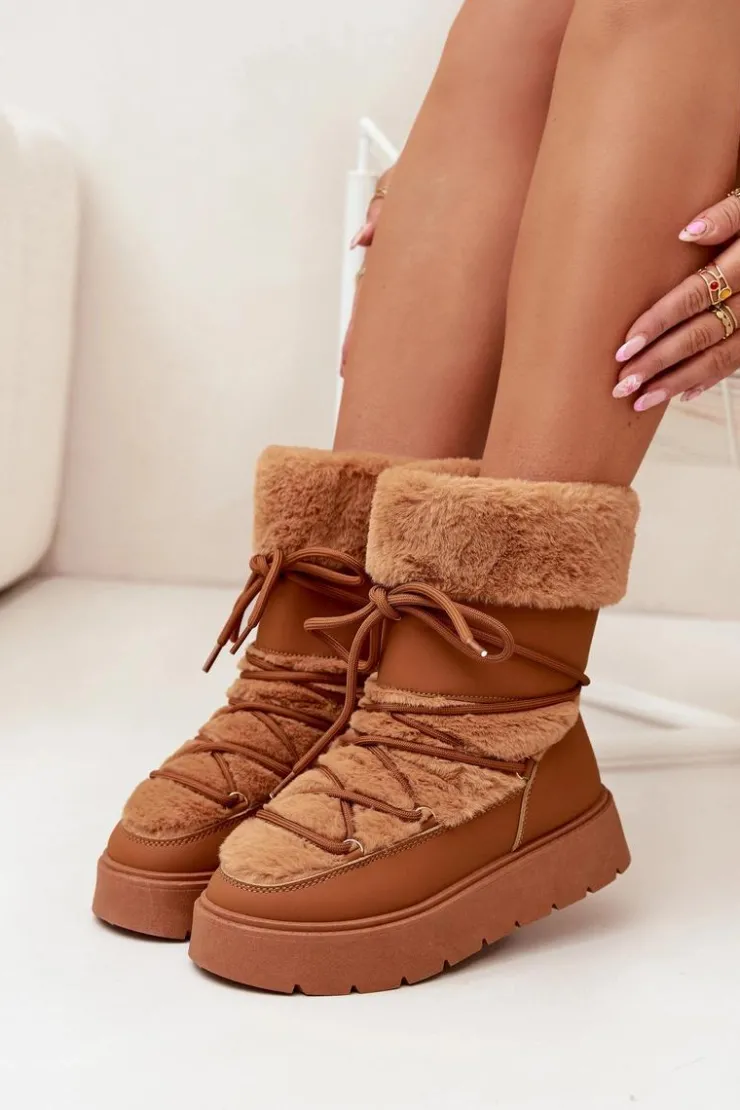Damskie Boto Śniegowce Damskie Z Futerkiem I Wiązaniem Na Platformie Camel Marinna