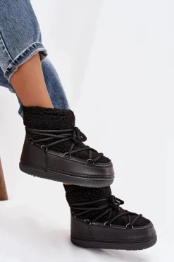 Boto Śniegowce Damskie*Śniegowce Damskie Z Futerkiem Typu Baranek Wiązane Czarne Belira Czarny