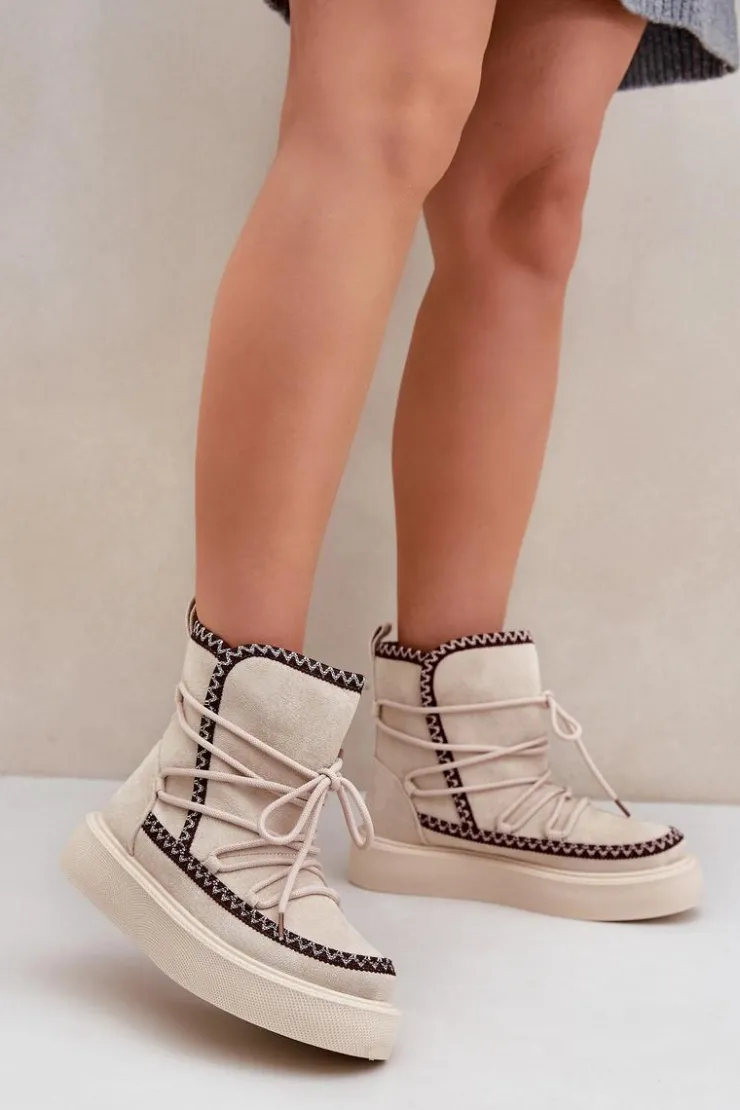 Damskie Boto Śniegowce Damskie Z Haftem Na Platformie Jasnobeżowe Naleris