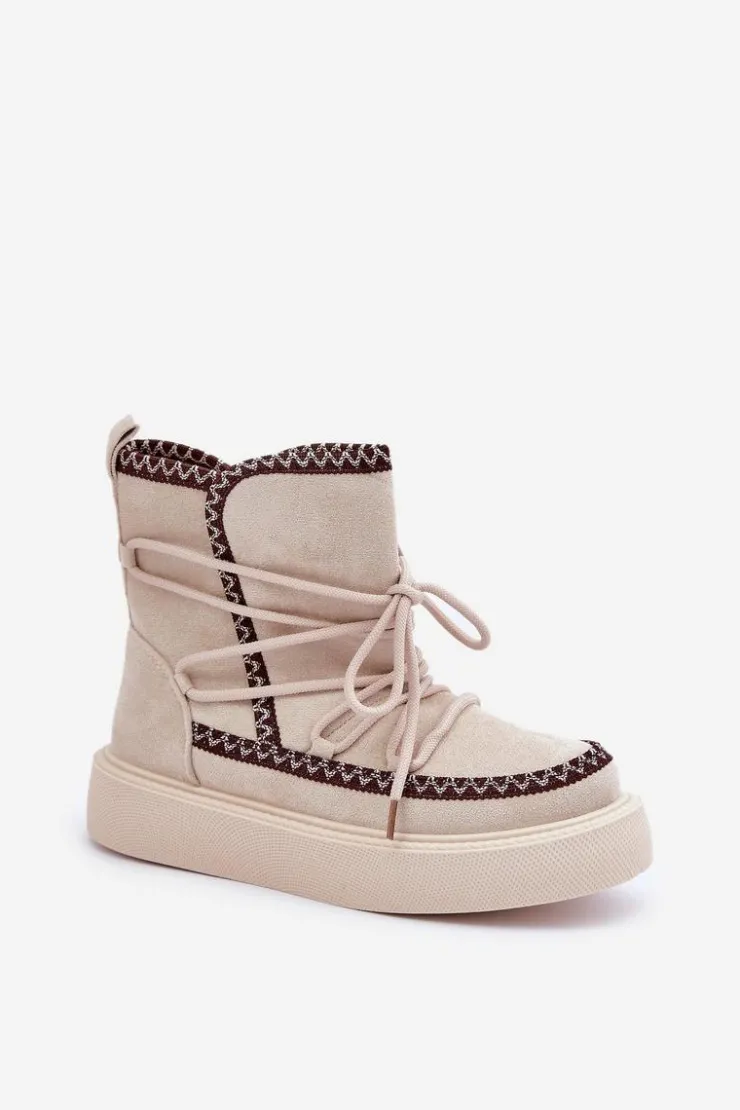 Damskie Boto Śniegowce Damskie Z Haftem Na Platformie Jasnobeżowe Naleris