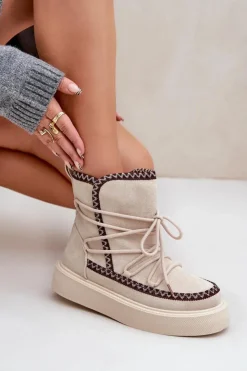 Damskie Boto Śniegowce Damskie Z Haftem Na Platformie Jasnobeżowe Naleris