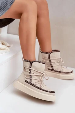 Damskie Boto Śniegowce Damskie Z Haftem Na Platformie Jasnobeżowe Naleris