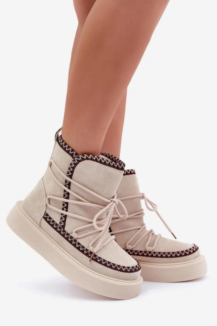 Damskie Boto Śniegowce Damskie Z Haftem Na Platformie Jasnobeżowe Naleris