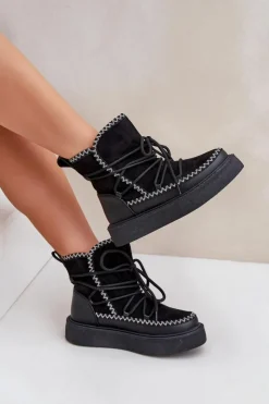 Boto Śniegowce Damskie*Śniegowce Damskie Z Haftem Na Platformie Czarne Naleris Czarny