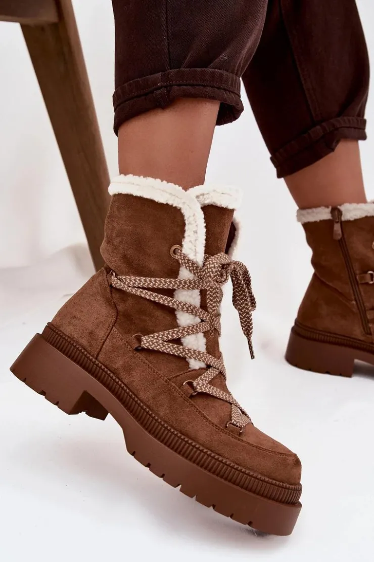 Boto Śniegowce Damskie*Śniegowce Damskie Z Kożuszkiem Camel Irmara Brązowy