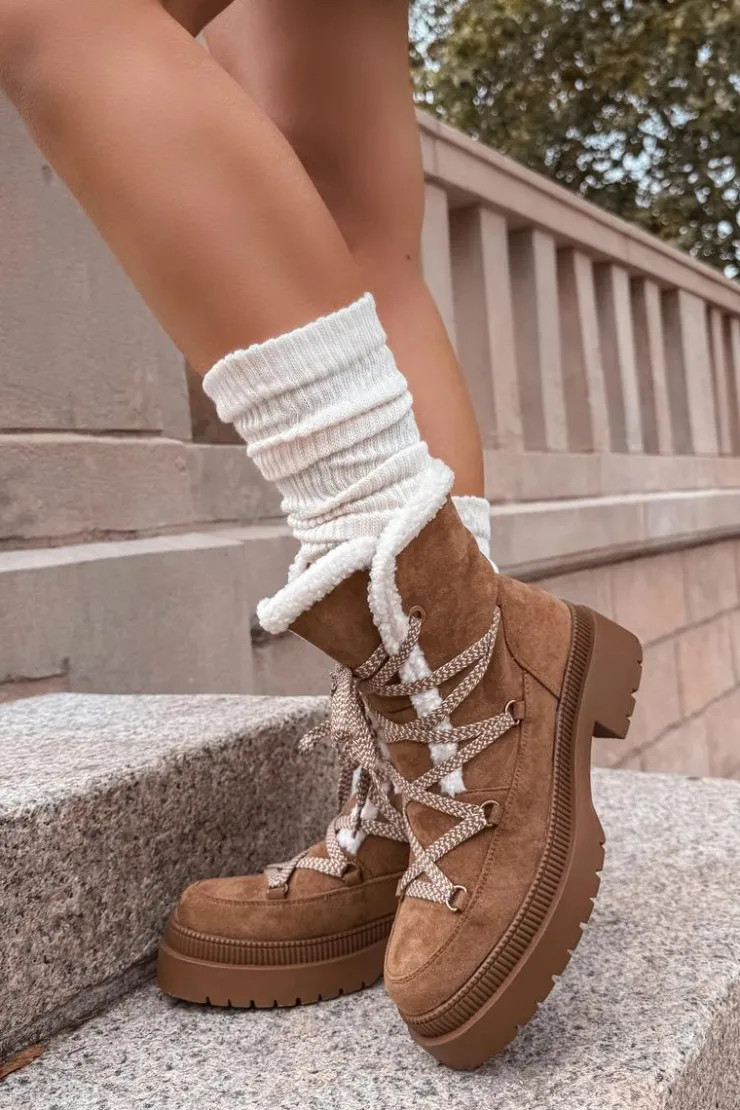 Boto Śniegowce Damskie*Śniegowce Damskie Z Kożuszkiem Camel Irmara Brązowy