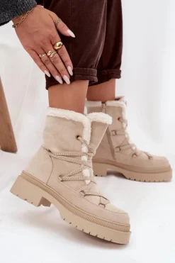Damskie Boto Śniegowce Damskie Z Kożuszkiem Beżowe Irmara