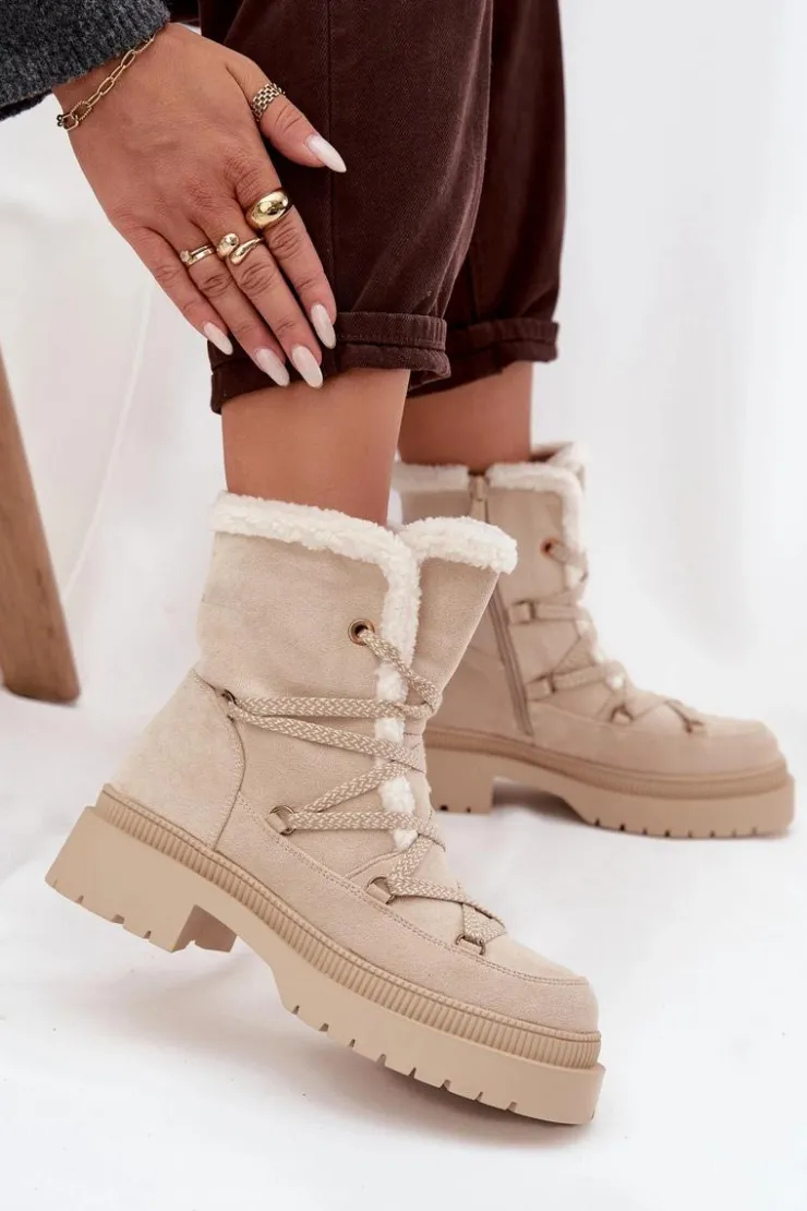 Damskie Boto Śniegowce Damskie Z Kożuszkiem Beżowe Irmara