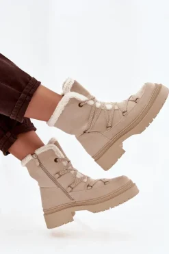 Damskie Boto Śniegowce Damskie Z Kożuszkiem Beżowe Irmara