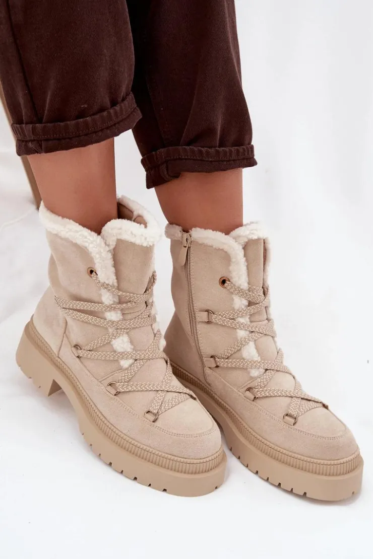 Damskie Boto Śniegowce Damskie Z Kożuszkiem Beżowe Irmara